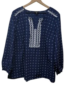 Talbots Women Top Sz 2X Blue White Embroidered Long Sleeve Pullover Tunic - Picture 1 of 6