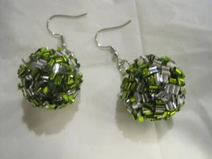 Green and Silver Glitzy Ball Earrings~Pierced~LBDX2 - Picture 1 of 2