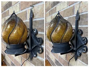 Pair Vintage Wall Light Sconces Iron Spanish Gothic Caged Glass Amber Crackle - Picture 1 of 24