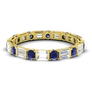 1.96 Ct Real Round Sapphire & Diamond Engagement Eternity Band 14k Yellow Gold - Picture 1 of 8