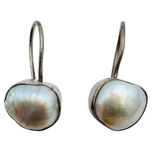 Natural Baroque Pearl Dangle 925 Sterling Silver Hammered Earrings VINTAGE - Picture 1 of 11