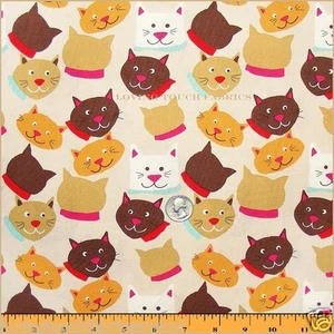 NEWCASTLE "MEOW" J BAKER TOSSED CAT HAPPY FACES COTTON FABRIC 1/2 YD 18"X 44 #B - Picture 1 of 1