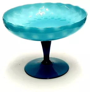 "Schöne handgeblasene Studio Kunst Glas blaugrün Kompott Schüssel auf Sockel 6,5"" Gr x 8,5"" - Bild 1 von 5