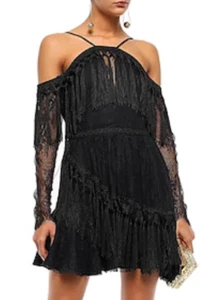 $494 NEW W TAGS ALICE MCCAUL She's Cosmic LACE TASSEL FRINGE BLACK MINI DRESS s6 - Picture 1 of 9