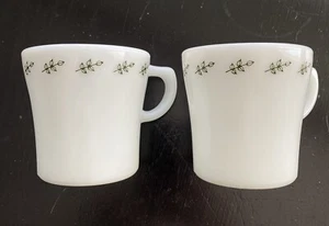 2 Pyrex Restaurant Ware Green Leaf Tulip Milk Glass Mugs USA Double Tough - Picture 1 of 11