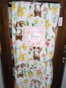 Easter Bunny Chicks Flowers Velvet Plush Throw Blanket Spring NWT - Picture 1 of 3