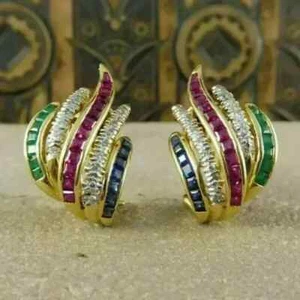 5Ct Princess Cut Lab Created Multi Gemstone Hoop Earrings 14k Yellow Gold Plated - Picture 1 of 7