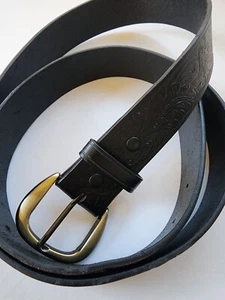 Black embossed genuine leather belt brass tone buckle cowboy/girl floral - Picture 1 of 8
