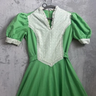 Vintage 70s Handmade Prairie Dress Womens Green Lace Cottagecore Square Dance - Image 1 of 4