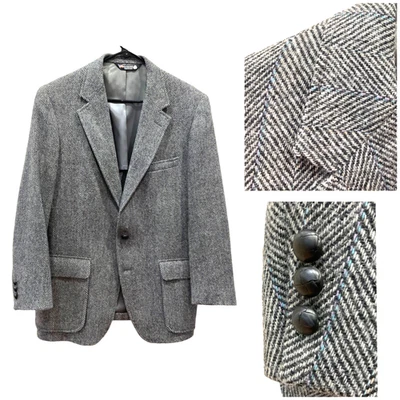44R Blazer Suit Coat Sport Jacket Mens Tweed Herringbone Black Gray Blue vintage - Image 1 of 4