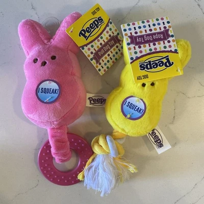 X2 Peeps Cuerda Cuerda Rosa Amarillo Perro Juguetes Chirriante Nuevo Foto 1 de 4