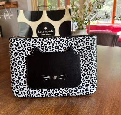 Bolso sin asas Kate Spade New York Meow Cat grande con cremallera WLR00592 negro blanco leopardo Foto 1 de 4