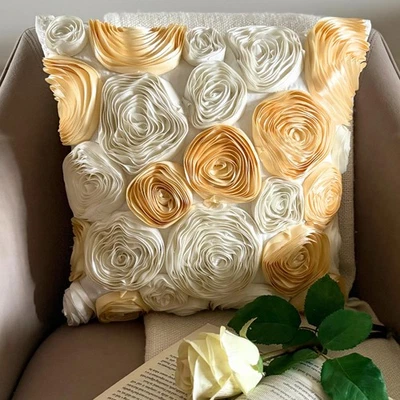 Square Sofa Pillow Case Ivory 16"x16", Home Decor Silk - Gold N Ivory Blooms - Image 1 of 4