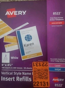 Avery 8522 Vertical Style Name Badge Insert Refills, 4 1/4" X 6", White, 100 Ins - Afbeelding 1 van 2