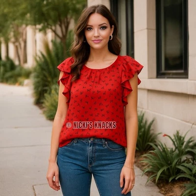 Blusa Downeast Roja de Gasa Manga Acampanada Espalda Transparente Estampado Abstracto Talla M Foto 1 de 4
