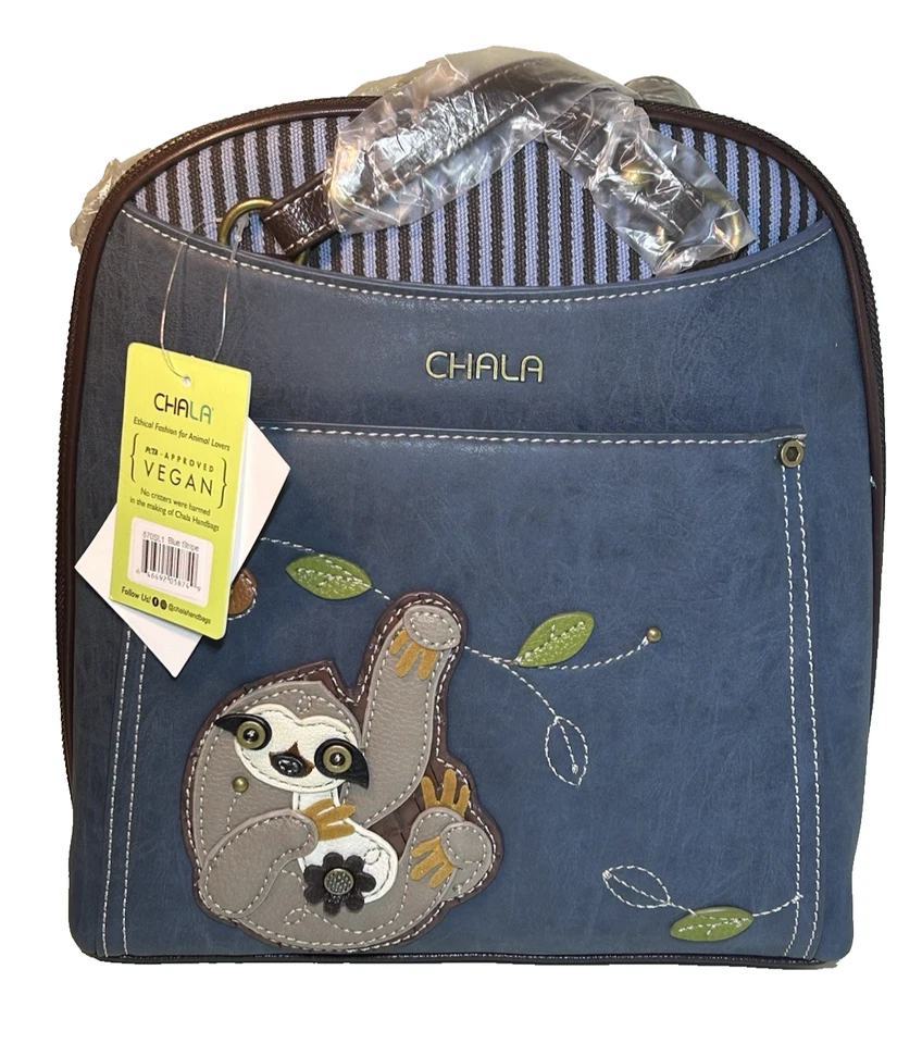 Chala CONVERTIBLE Backpack Purse Shoulder Tote Bag SLOTH Blue gift Vegan