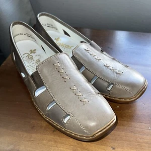 Reiker Shoes Doris 85 Loafers Flats Comfort Gray Leather Cutouts Size 7/EU 38 - Picture 1 of 11