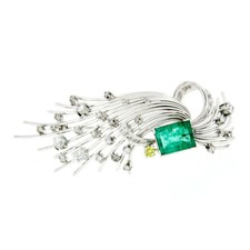 Antique Handmade Platinum 7.3ctw GIA Colombian Emerald Round Diamond Wire Brooch