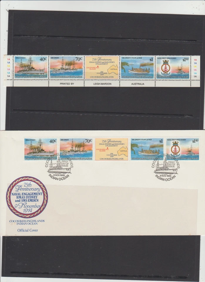 Cocos Keeling Is. 1989  2 FDC  75th Anniv. Emden Sinking plus stamp strip & M'S - Image 1 of 2