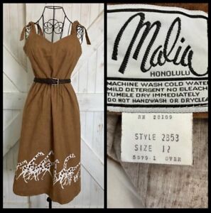 70’s Vintage Malia Honolulu Brown White Black Zebra Novelty Midi Hawaiian Dress