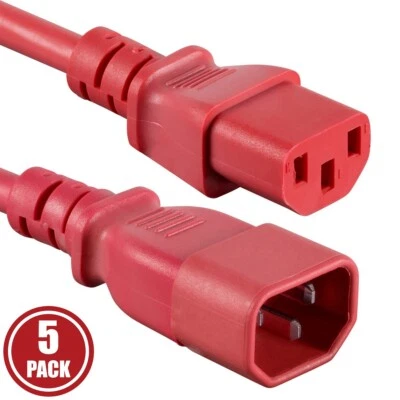 5x 3FT Power Extension Cord Cable IEC Kettle C14 To C13 Male To Female 18/3 Red - Image 1 of 4