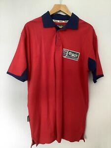 Carlsberg England Football Polo Shirt Red, Blue, Collared, Button Front Size M