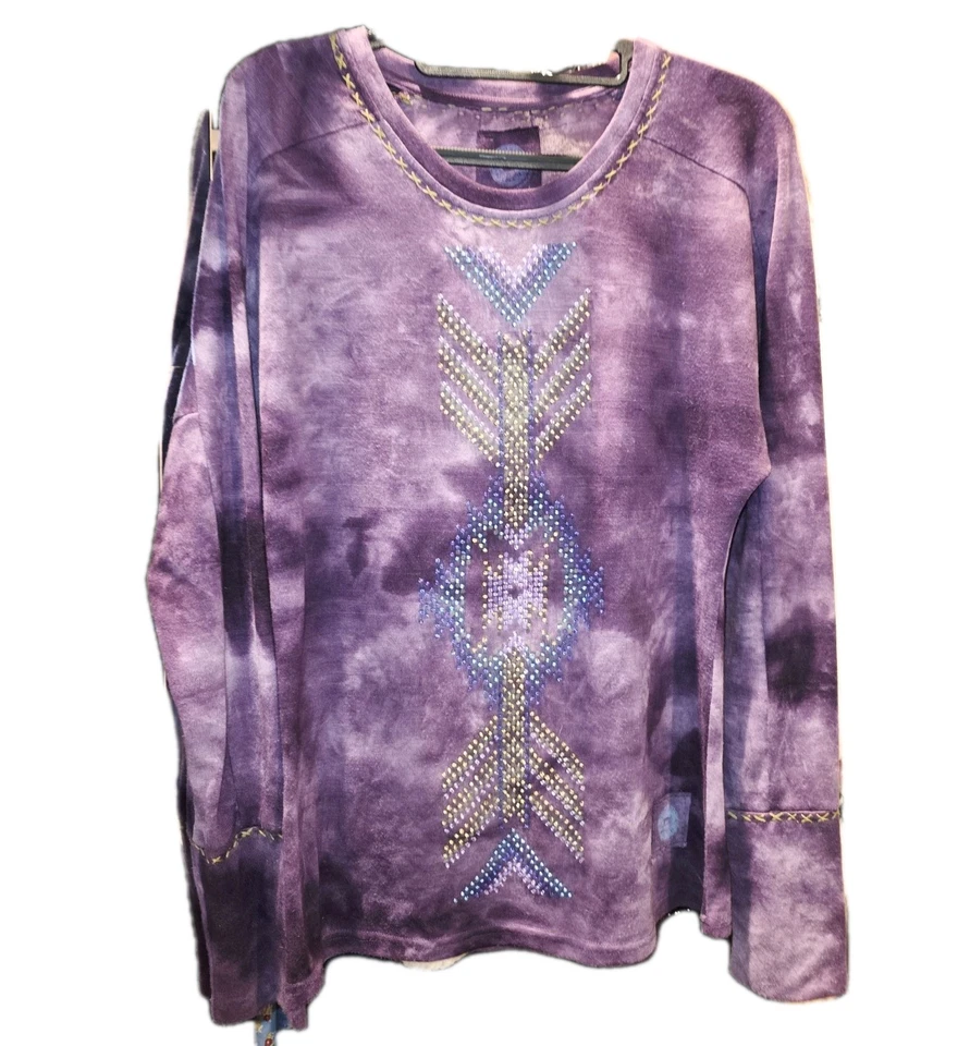 DOUBLE D RANCH Sz L фиолетовый галстук краситель длинным рукавом Western богемное рубашка блузка или топ - Изображение 1 из 4