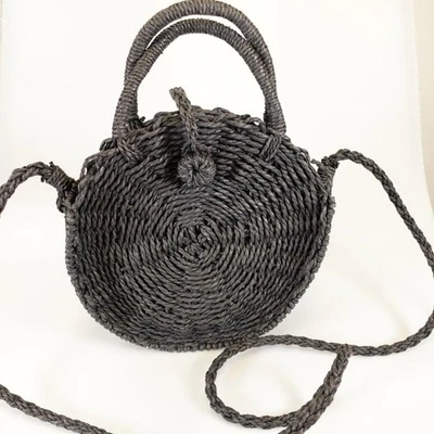 Round Woven Straw Crossbody Bag Womens Black Beach Shoulder Sling ELIZA MAY ROSE - Image 1 of 4