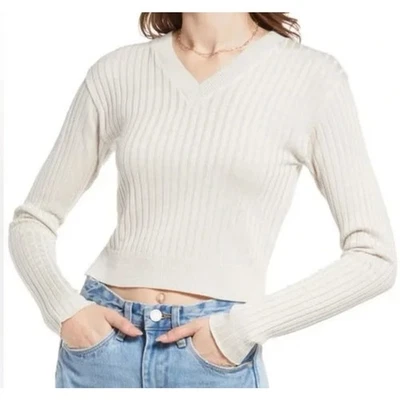 BP. Nordstrom Womens Reagan Ribbed Long Sleeve V-Neck Cropped Beige Sweater XS  - Image 1 of 4