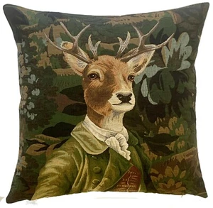 VERDURE STAG GREEN JACKET 18" BELGIAN TAPESTRY PILLOW CUSHION COVER, BEIGE BACK - Picture 1 of 7