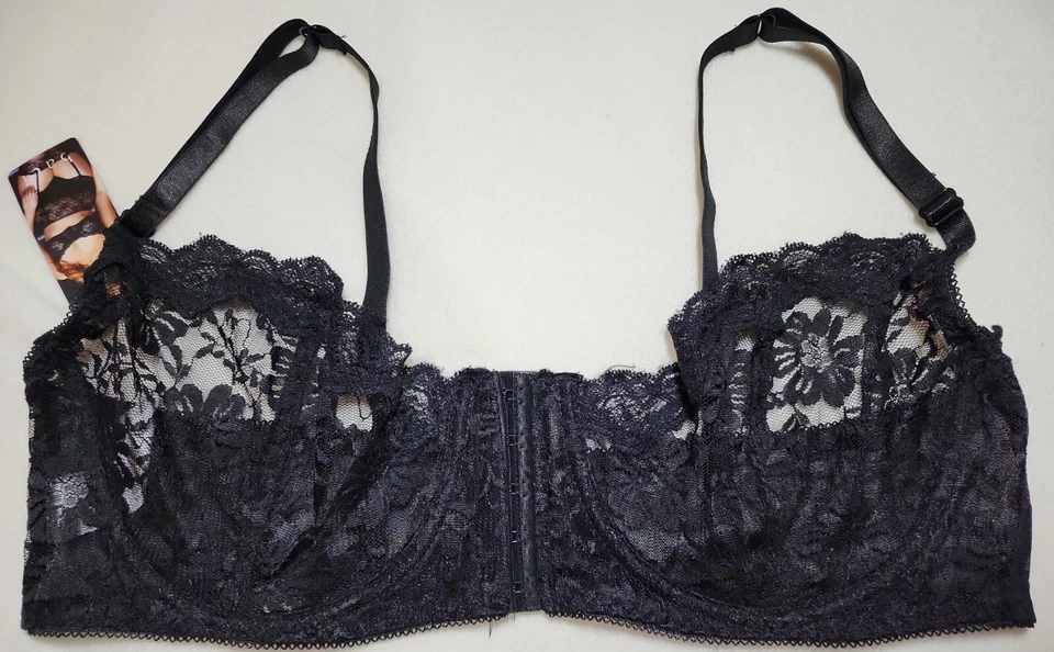 Baci 黑色女式 Peekaboo 蕾丝文胸钢圈尺寸 QS 适合美国 16-22 前扣  — 第 1/4 张图片