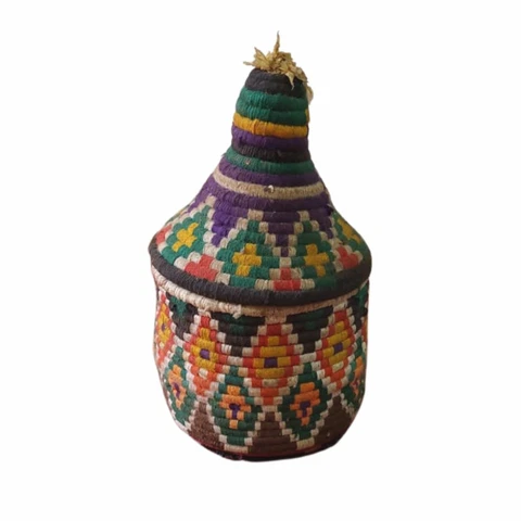 Antique Moroccan Coil Storage Bread Basket - Purple Cover