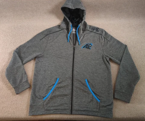Carolina Panthers Men Full Zip Hoodie Jacket L Majestic Thermabase Gray Spellout Cover