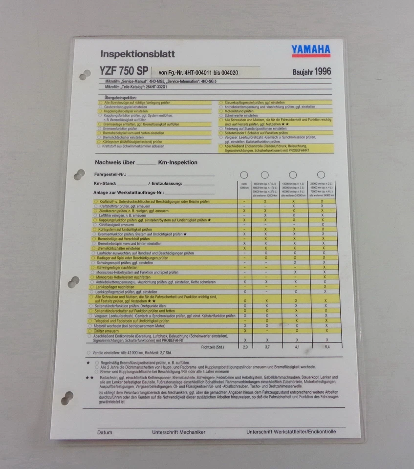 Hoja De Inspección Yamaha YZF 750 SP Tipo 4 HT Año 1996 - Imagen 1 de 1