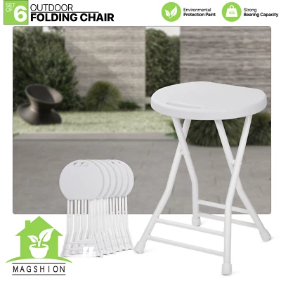 6 taburetes plegables portátiles redondos blancos al aire libre asiento de plástico resistente a la intemperie con mango Foto 1 de 4