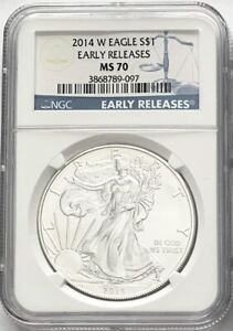 2014 W BURNISHED SILVER EAGLE WITH W MINT MARK EARLY RELEASES NGC MS70