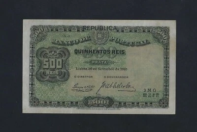 PORTUGAL  500 REIS 1910 P-105 XF-AU RARE DATE - Image 1 of 2
