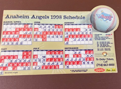 1998 California Angels Schedule Magnet 4" x 7" + FREE SHIPPING Cover
