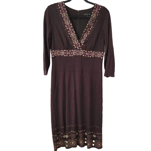 David Meister Tapestry Printed V-Neck 3/4 Sleeve Brown Midi Dress Women's 6 - Picture 1 of 9