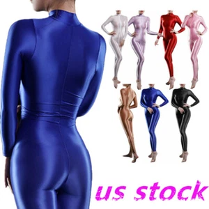 US Damen glänzend Langarm Doppelreißverschluss Turnanzug Ganzkörper Body Catsuit Overall - Bild 1 von 91