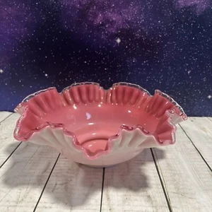Vintage Fenton Rosa Pfirsich Silber Wappen Große 10" Rüschen Konsole Schüssel - Bild 1 von 6