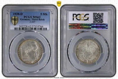 Troquel agrietado graduación profesional MS62 1938-D 5 Mk Reichsmark Hindenburg J-367 Tercer Reich plata Foto 1 de 4