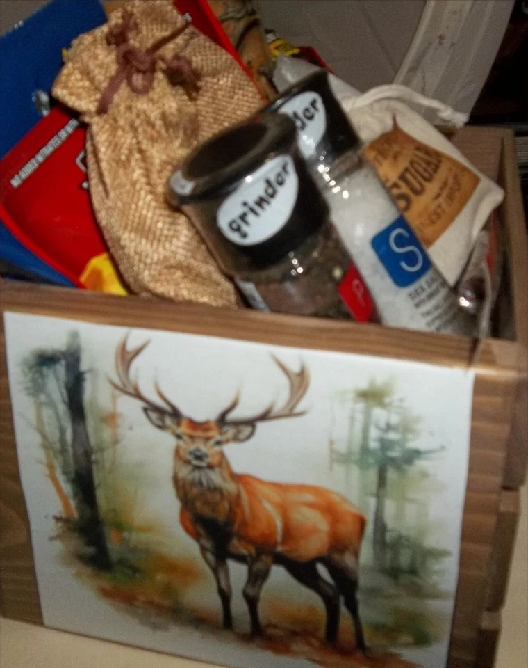 Deer Hunters Wood Crate Gift Basket Lodge Fun Gift Men Gifts Hunter Gifts Jerkey - Image 1 of 4