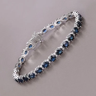 Brazalete Tenis Diamante Zafiro Natural Ovalado 16.00 Ct Oro Blanco Sólido 14K 7" Foto 1 de 4