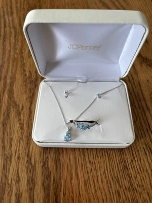 10K JCPenney White Gold Jewelry Blue Topaz Pendant, Necklace, Earrings & Ring 6 - Image 1 of 4