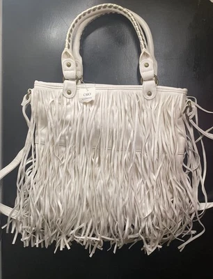 NEW- CATO White Faux Leather Purse Fringe Hobo Western Shoulder Bag - Image 1 of 4