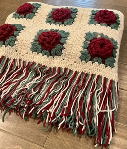 Afghan 3D Roses Handmade Granny Square 44x76” Blanket Throw Vtg Christmas Puffy - Picture 1 of 6