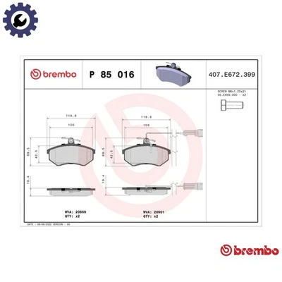 BRAKE PAD SET DISC BRAKE P 85 016 FOR AUDI 100/5000 200 4000 90 80 QUATTRO 2.0L - Image 1 of 4