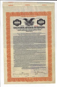 NEW YORK 1926 502 Park Avenue Building Bond Stock Certificate Trump Park Ave - Picture 1 of 3