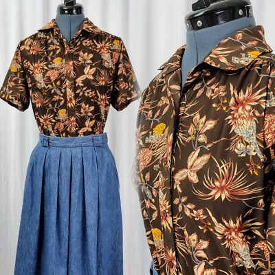 Blusa vintage Joyce marrón floral manga corta talla 14 Foto 1 de 4